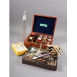A microscopist's slide preparation set, in mahogany case, and two dissection sets, etc