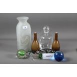 A quantity of Murano glass model animals, a Dartington decanter and stopper, an opaque rectangular