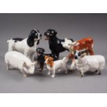 Two Beswick pottery Rottweilers, a spaniel, a Jack Russell, a Hereford calf, a ram and a prize sow