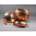 A copper oval shaped coal bucket with lion mask handles, 16 1/2" wide, a similar copper coal helmet,