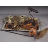 A brass two-handled tray with engraved decoration, 21 3/4" wide, a Mauchline ware spherical box