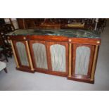 A late 19th century mahogany inverse breakfront marble top chiffonier, fitted three frieze drawers
