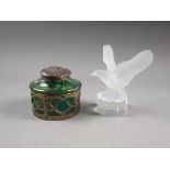 A Loetz style green lustre inkwell with pierced brass mounts, 3 1/2" dia x 3" high, and a Goebel