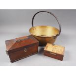 A 19th century rosewood tea caddy, 8" wide, a marquetry cigarette box and a 19th century brass