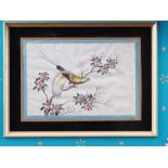 A 19th century Chinese watercolour on pith paper, bird in flowering tree, in painted frame