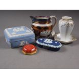 A white metal topped pearlware lustre jug, a Wedgwood Jasperware square box and cover, a similar