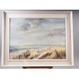 Vera Curley: impasto oil on board, "Sand Dunes Walberswick" coastal scene with small sailing