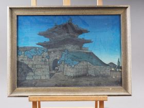 Elizabeth Reith: a signed colour woodblock print, "The Eastgate Seoul Korea", in silvered frame (