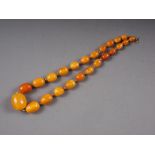 An Art Deco butterscotch/egg yolk amber graduated bead necklace, the largest oval bead 19mm wide,