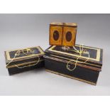 Two black painted cash tins with keys and a William Crawford & sons biscuit tin, formed as a