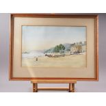 A watercolour, view of a French town in a river, 11" x 17 1/2", in strip frame, and one other