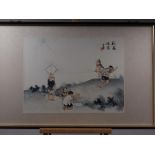 A set of four Chinese watercolours, children playing, 13" x 17 1/4", in ebonised frames