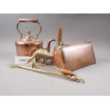Metalware, including a copper warming pan with engraved sun decoration, a copper kettle, two brass