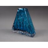 A Whitefriars kingfisher blue triangular textured bark vase, by Geoffrey Baxter 1967-69, Pat No 9674