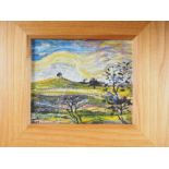 JB, '98: Jon Baker?: oil on card, impressionist landscape, 5" x 6", in pine frame