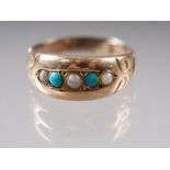A 9ct gold, turquoise and seed pearl dress ring, size J, 2g