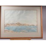 Alfred R Thomson: watercolours, Mediterranean scene with hilltop village and fishing boats, 13 1/