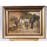 WEM: early 20th century, oil on board, "Work horses at the end of the day", 9" x 13 1/4", in gilt