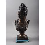 A patinated bronze bust of Marie Antoniette, on square base, 14" high