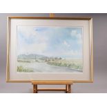 Michael Joyce: watercolours, rural scene with distant buildings, 13 1/2" x 19 3/4", in strip