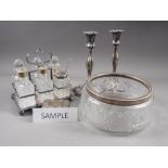 A silver plated trophy, on stand, 11" high, a quantity of loose cutlery, a cruet set, two pairs of