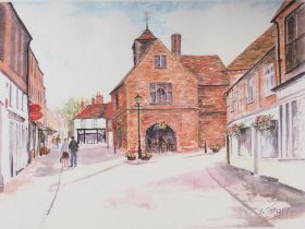 M Jay: a limited edition print,  "Watlington Town Hall", 18/50, in wooden strip frame, another