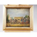 English mid 19th century Naïve school: oil on board, "Stagecoach at a Stable", 9" x 11 1/4", in gilt