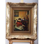 A Continental porcelain panel after Vermeer, "The Concert", 9 1/4" x 6 3/4", in gilt decorated frame