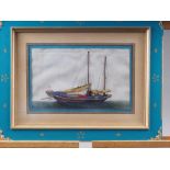 A 19th century Chinese watercolour on pith paper, sailing boat, in painted frame