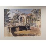 Richard C Clark, 62: view of a bridge in Amsterdam, 13" x 17", in oak strip frame