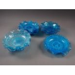 Two pairs of blue glass dishes with shaped rims, 8 3/4" dia, and six other similar dishes and bowls