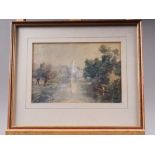 J Dawkins: watercolours, "Morning Mists", 5 1/2" x 8 1/4", in wooden and gilt strip frame, another