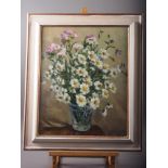 H Raisob?, 1989: oil on board, still life, flowers in a glass vase, 19" x 15 1/2", in white