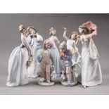 Seven Lladro figures, "Innocence in Bloom", "Afternoon Promenade", "Basket of Love", "Saturday's