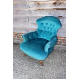 A late 19th tub-shape occasional chair, button upholstered in a turquoise velour, on turned supports