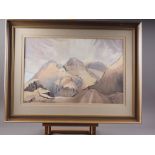 John Birney: watercolours, "The Pikes of Langdale from Wingmoor", 15" x 22", in strip frame