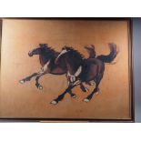 A Chinese batik, two horses, 25 1/2" x 33", in wooden strip frame