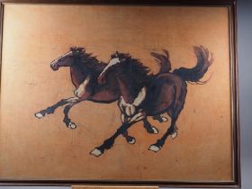 A Chinese batik, two horses, 25 1/2" x 33", in wooden strip frame