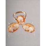A 9ct gold and carved shell cameo dress ring, size L, 3.1g, and a similar pair of ear studs, 3.6g