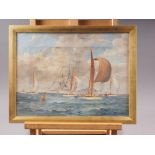 J Dawkins: oil on canvas, battleship and boats at sea, 10 1/2" x 14 1/4", in gilt strip frame, and