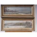 A pair of oil on canvas Coastal landscapes, 3 3/4" x 13", in gilt strip frames