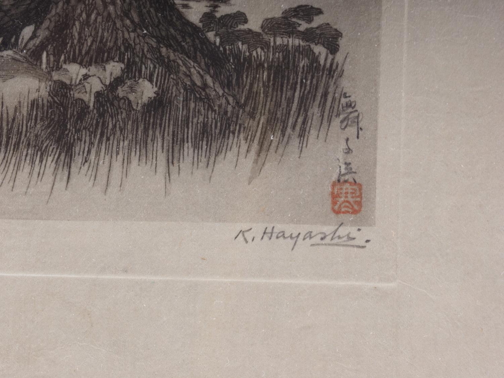 K Hayashi: Five signed etchings, "Maiko Inland Sea", "Akashi Channel Inland Sea 30", Mt Fuji-looking - Image 8 of 9