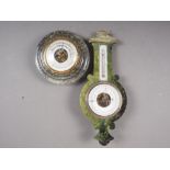 A green serpentine cased barometer and thermometer, 12 1/4" high, and a similar circular barometer