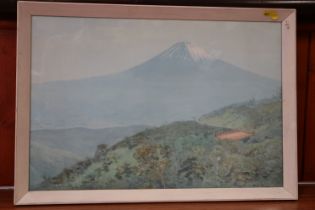 Early 20th century watercolour, view of mount Fuji,