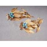A pair of yellow metal, turquoise and diamond ear clips, total weight 16.5g