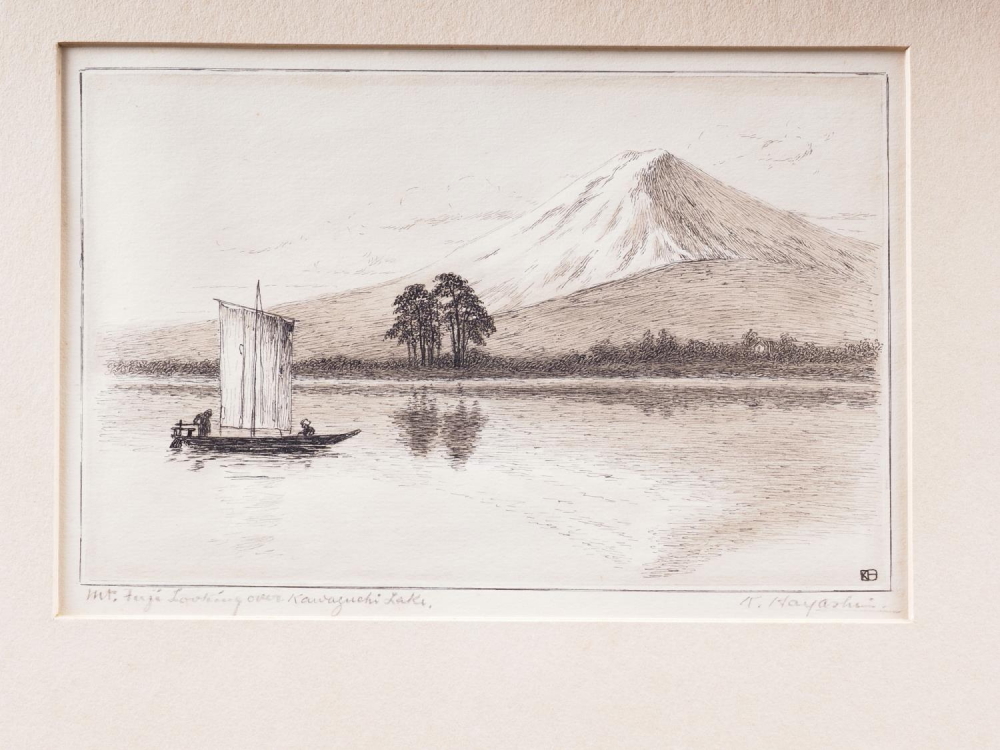 K Hayashi: Five signed etchings, "Maiko Inland Sea", "Akashi Channel Inland Sea 30", Mt Fuji-looking