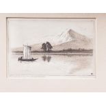 K Hayashi: Five signed etchings, "Maiko Inland Sea", "Akashi Channel Inland Sea 30", Mt Fuji-looking