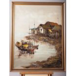 An oil on canvas, harbour scene, 24" x 18", in gilt frame, a South American oil on canvas, birds