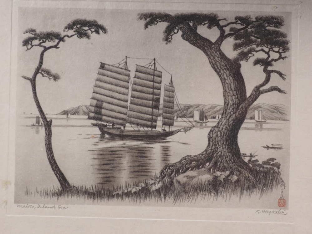 K Hayashi: Five signed etchings, "Maiko Inland Sea", "Akashi Channel Inland Sea 30", Mt Fuji-looking - Image 7 of 9