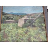 An oil on board landscape with distant buildings, 19" x 22", in painted frame